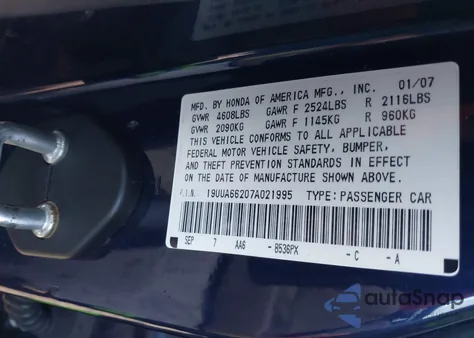 2007 Acura Tl 3.2 z USA, uszkodzony, nr VIN 19UUA66207A021995